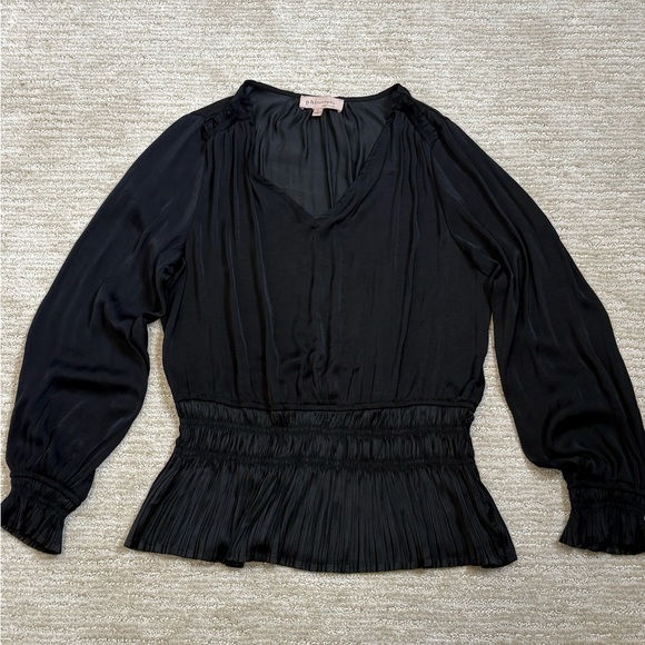 Philosophy Satin Pleated Smocked Blouse Size Large Black Long Balloon Sleeve Top - Picture 7 of 11